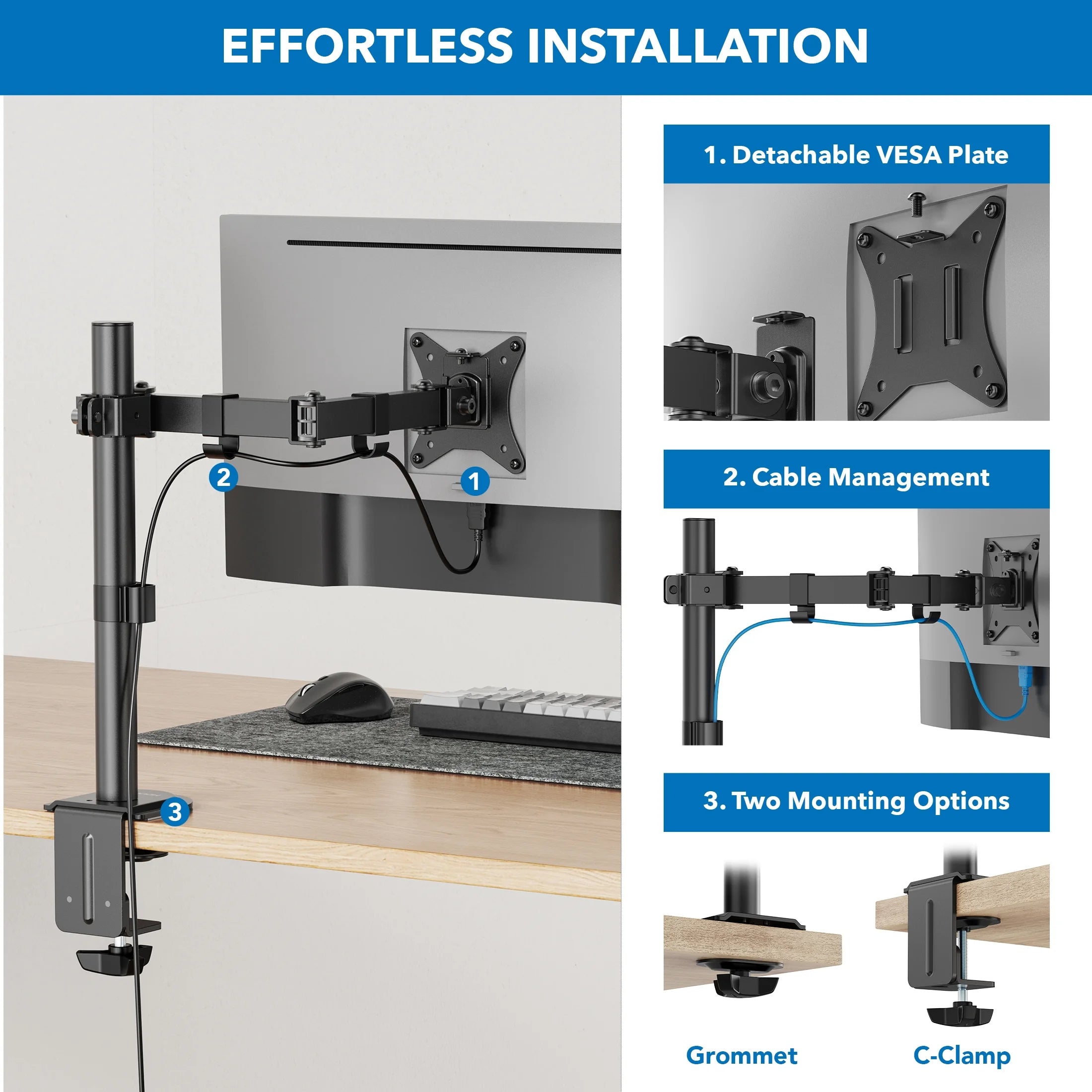 Mount-It! Single Monitor Arm 17" to 32", Full Motion Adjustment with Tilt, Rotation, Swivel, Height Adjustment along Pole, Clamp or Grommet Mounting, Monitor Desk Mount