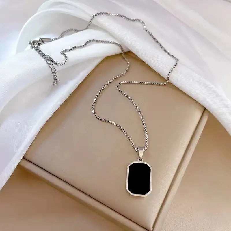Korean-Inspired Black Geometric Pendant Necklace with Gold Chain for Women - Elegant Fashion Jewelry for Parties and Gifts