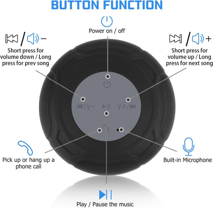 Waterproof Bluetooth Shower Speaker - Portable Wireless Water-Resistant Speaker with Suction Cup and Built-In Microphone, Ideal Gift for Kids, Compatible with iPhone, Tablets, and Suitable for Bathroom and Kitchen Use - Black