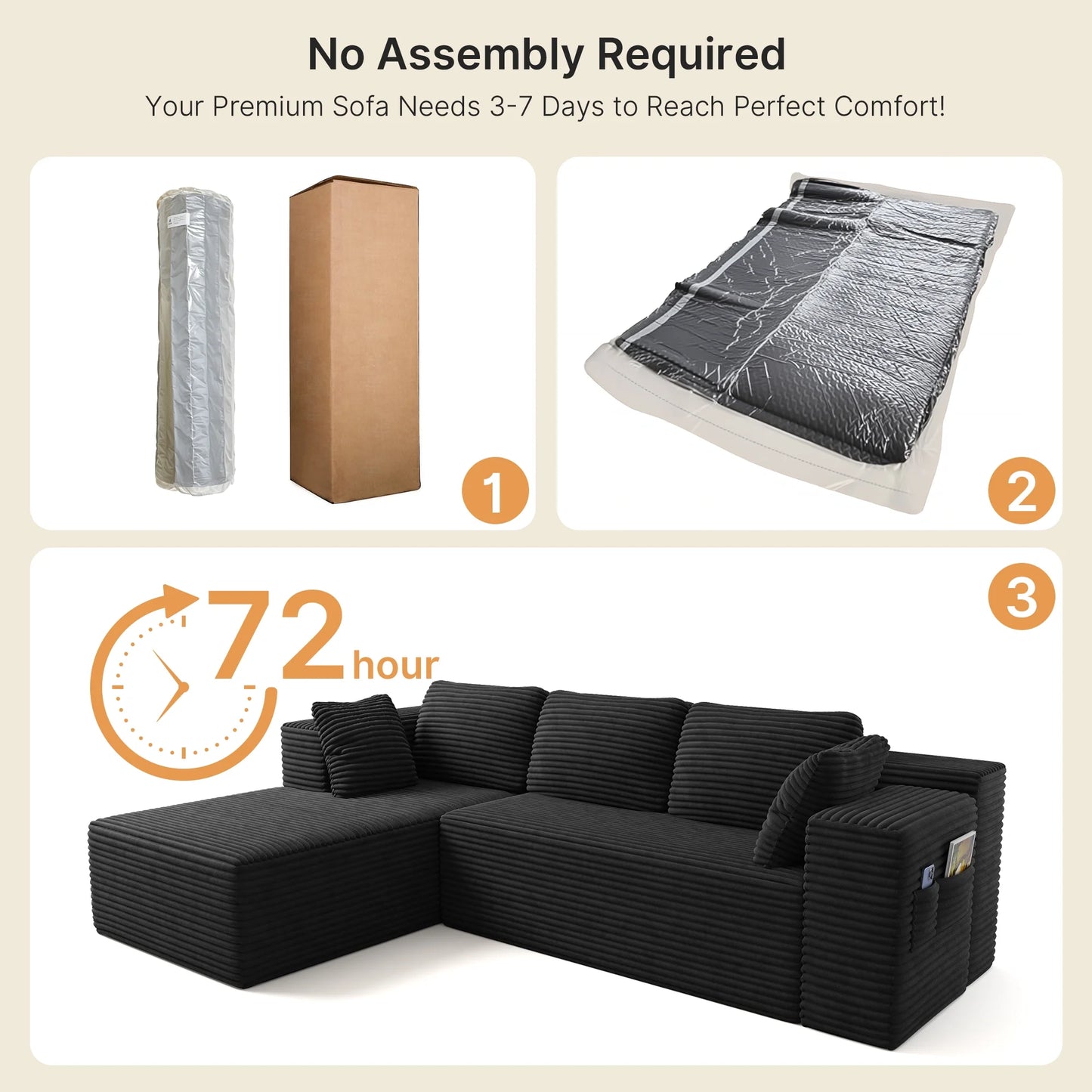 105" Cloud Sectional Sofa with L-Shape Chaise - Upholstered Couch for Living Room or Bedroom, No Assembly Required, Black