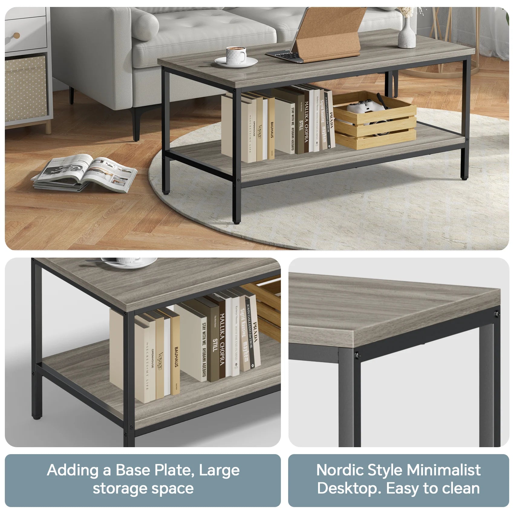 JOZ 3-Piece Coffee Table Set for Living Room, End Table Set with Storage, Includes 1 Coffee Table and 2 End Tables, Rock Gray