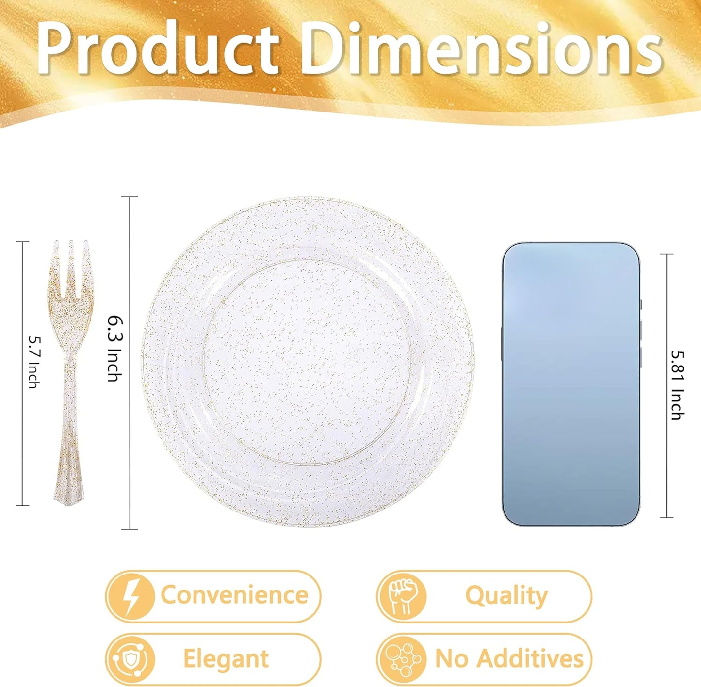 WELLIFE 120-Count Gold Glitter Plastic Dessert Plates and Forks Set, 6.5-Inch Disposable Plates and Durable Small Forks for Catering, Parties, and Weddings