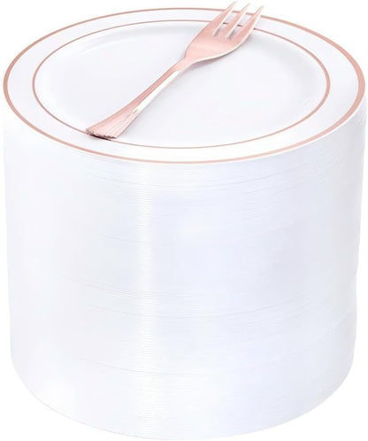 WELLIFE 120-Count Gold Glitter Plastic Dessert Plates and Forks Set, 6.5-Inch Disposable Plates and Durable Small Forks for Catering, Parties, and Weddings