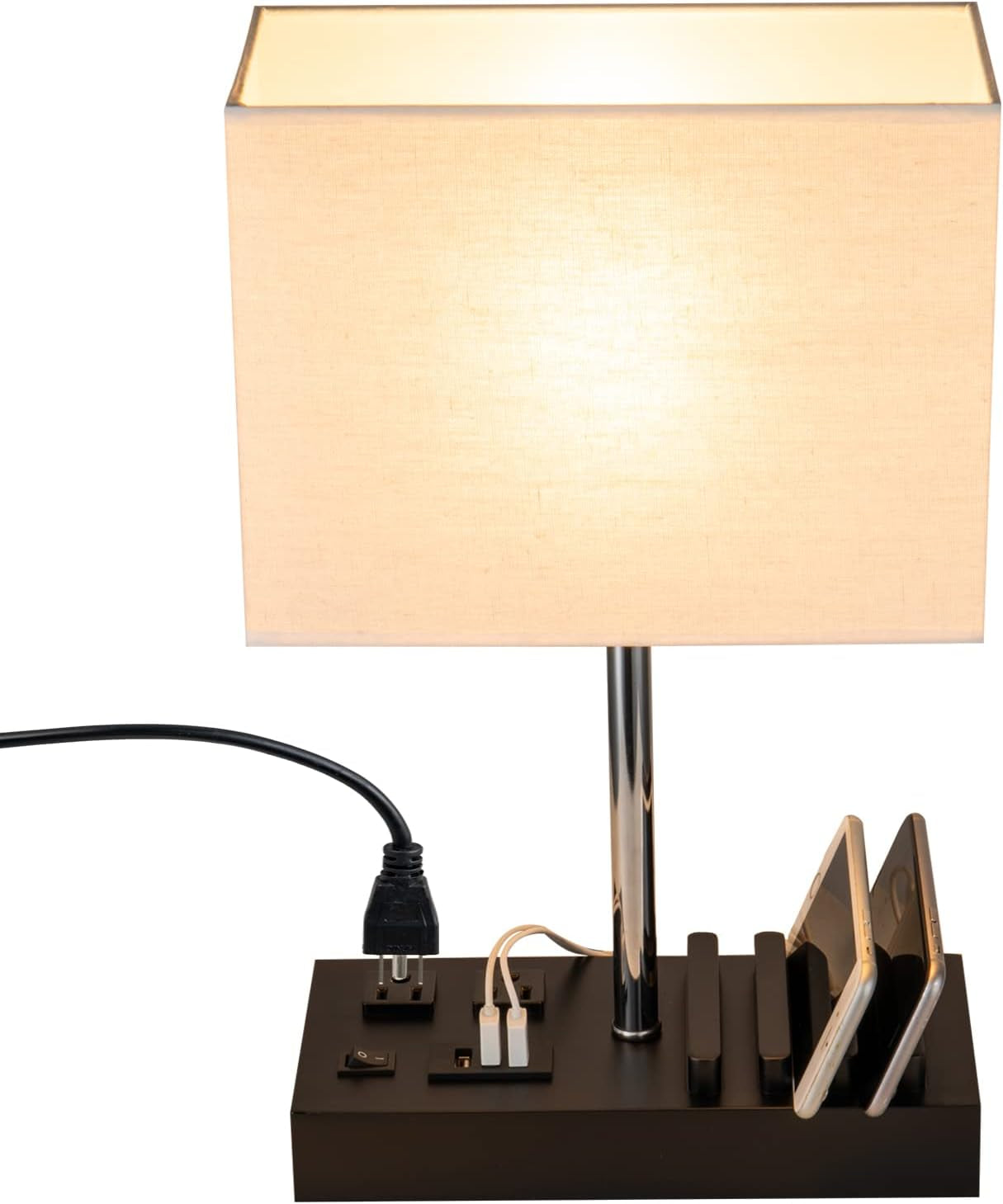 Briever USB Table Lamp: Versatile Bedside Desk Lamp with Dual AC Outlets, Triple USB Charging Ports, and Wooden Phone Stand Organizer - Perfect Nightstand Lighting Solution in Black Shade
