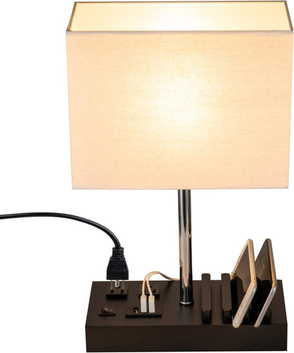 Briever USB Table Lamp: Versatile Bedside Desk Lamp with Dual AC Outlets, Triple USB Charging Ports, and Wooden Phone Stand Organizer - Perfect Nightstand Lighting Solution in Black Shade