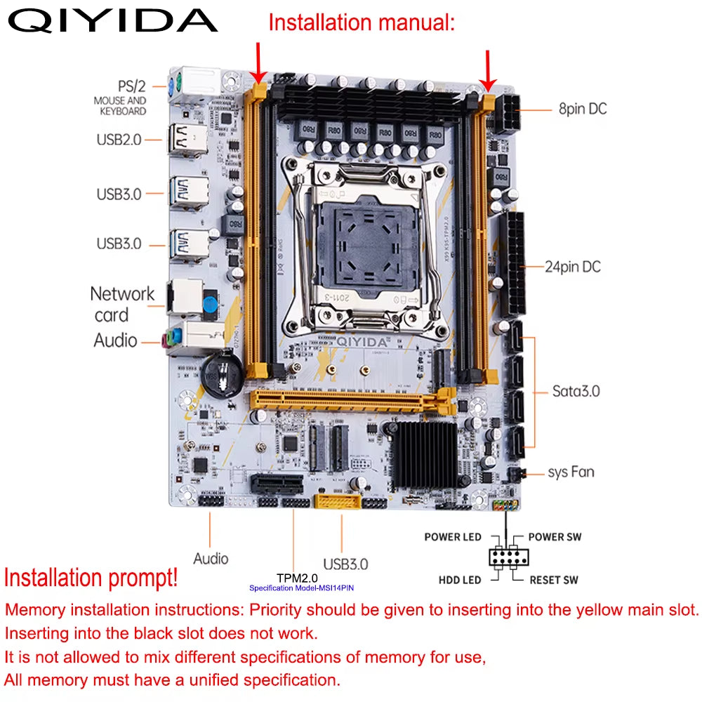 QIYIDA X99 Motherboard LGA 2011-3 Set Kit Xeon E5 2680 V4 CPU Processor 32G=2*16G DDR4 REG ECC RAM Memory NVME M.2 TPM2.0 Plug