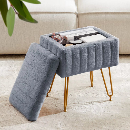 JHK Faux Fur Upholstered Storage Ottomans with Adjustable Metal Legs for Living Room and Makeup Use