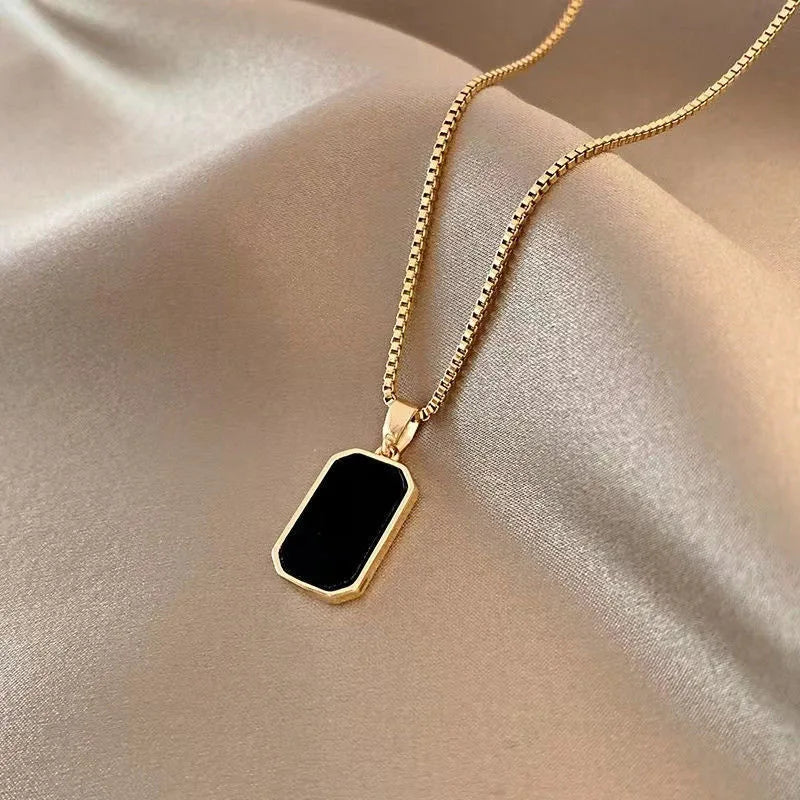 Korean-Inspired Black Geometric Pendant Necklace with Gold Chain for Women - Elegant Fashion Jewelry for Parties and Gifts