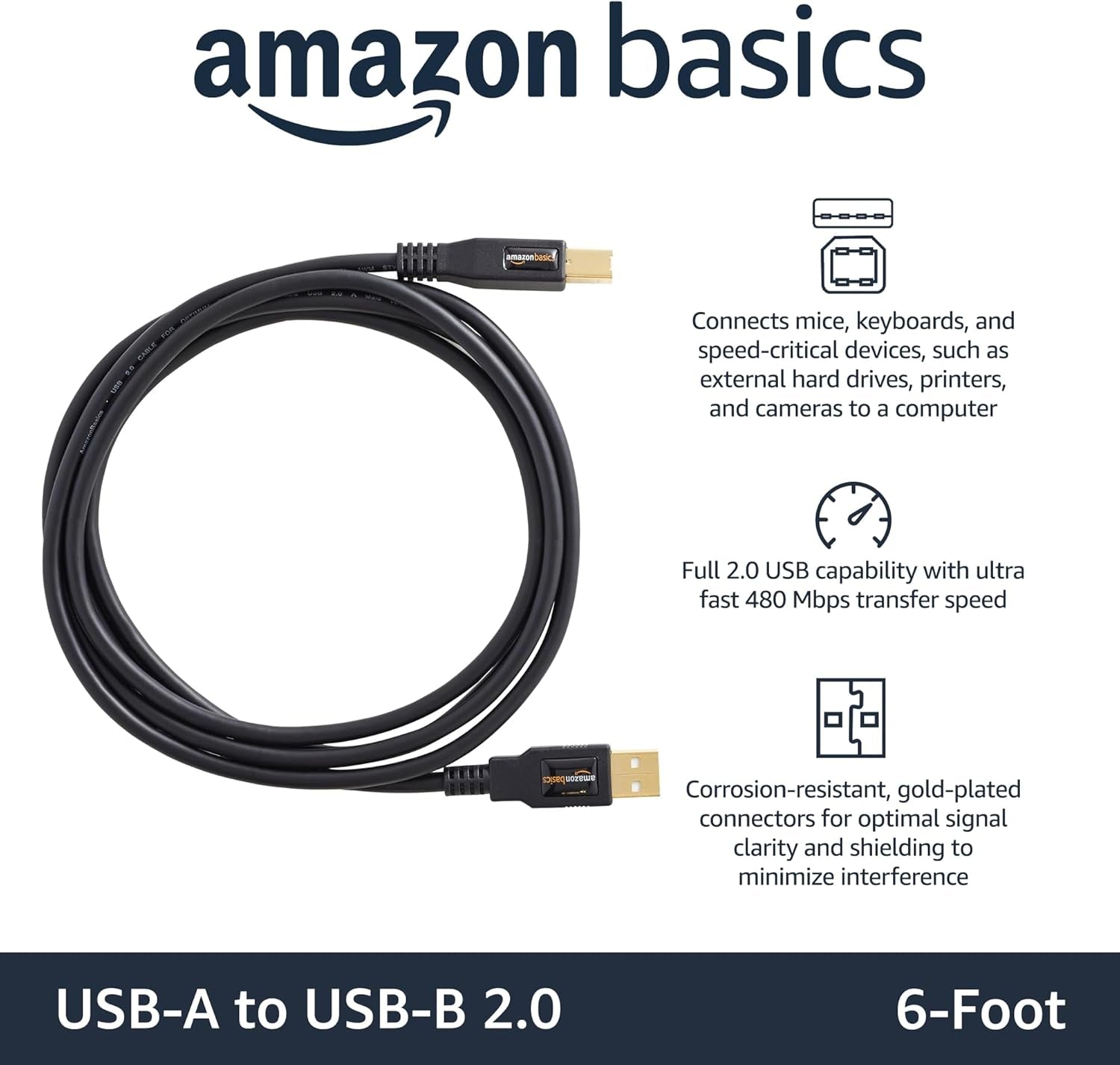 Amazon Basics USB-A to USB-B 2.0 Cable for Printer or External Hard Drive, Computer Compatible, Gold-Plated Connectors, Black, 6 Foot