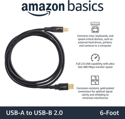 Amazon Basics USB-A to USB-B 2.0 Cable for Printer or External Hard Drive, Computer Compatible, Gold-Plated Connectors, Black, 6 Foot