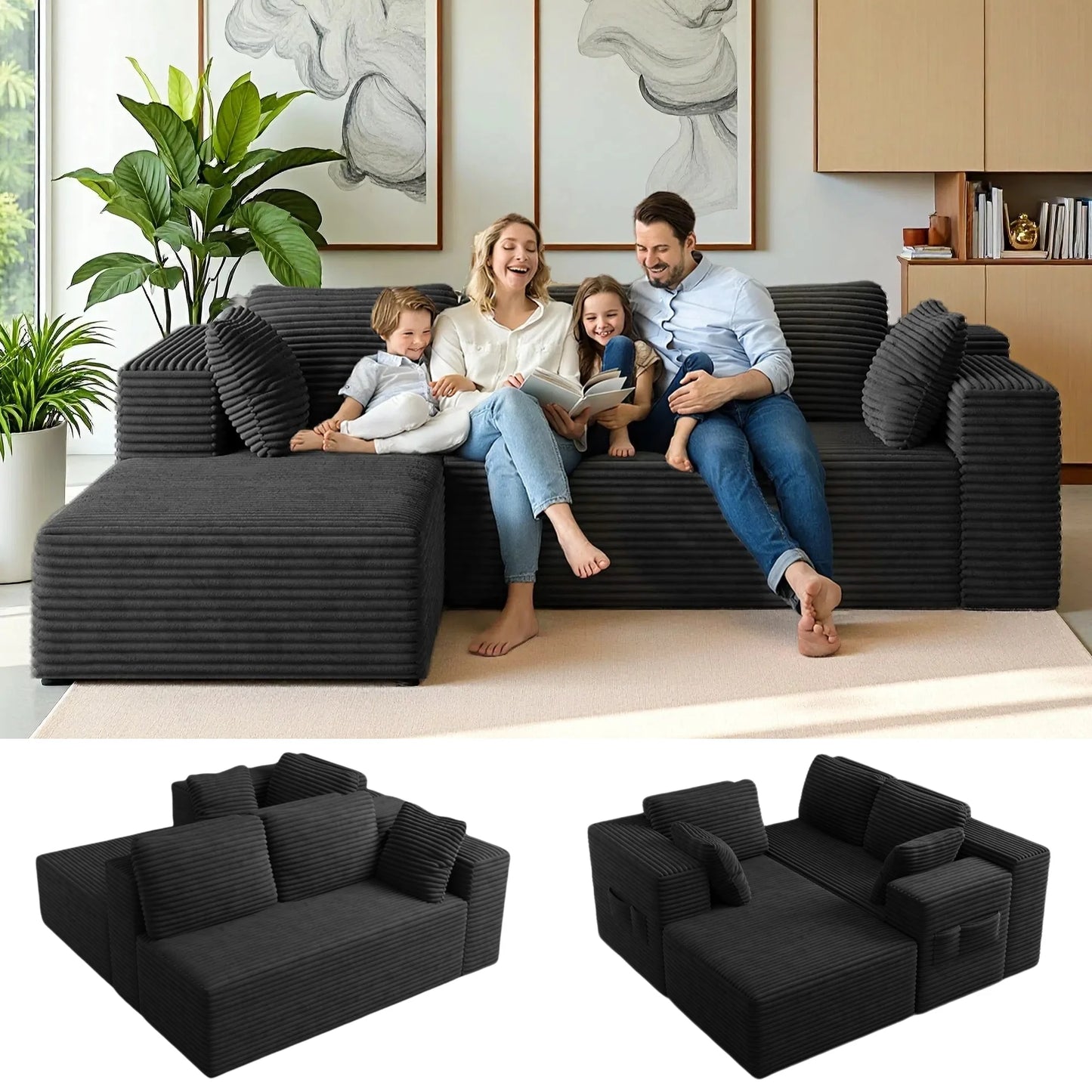 105" Cloud Sectional Sofa with L-Shape Chaise - Upholstered Couch for Living Room or Bedroom, No Assembly Required, Black
