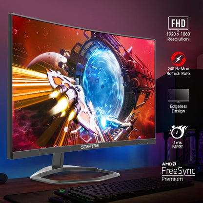 C255B-FWT240 24.5-Inch Curved Gaming Monitor - 240Hz, 1080P, 1ms Response Time, Dual DisplayPort and HDMI, Built-In Speakers, Machine Black, 2023