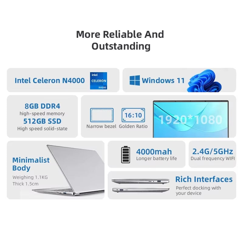 14.1”Inch Laptops 6GB RAM 512GB SSD Intel Celeron N4000 Windows 11 Support TF Card Socket Portable Computers