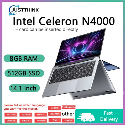 14.1”Inch Laptops 6GB RAM 512GB SSD Intel Celeron N4000 Windows 11 Support TF Card Socket Portable Computers