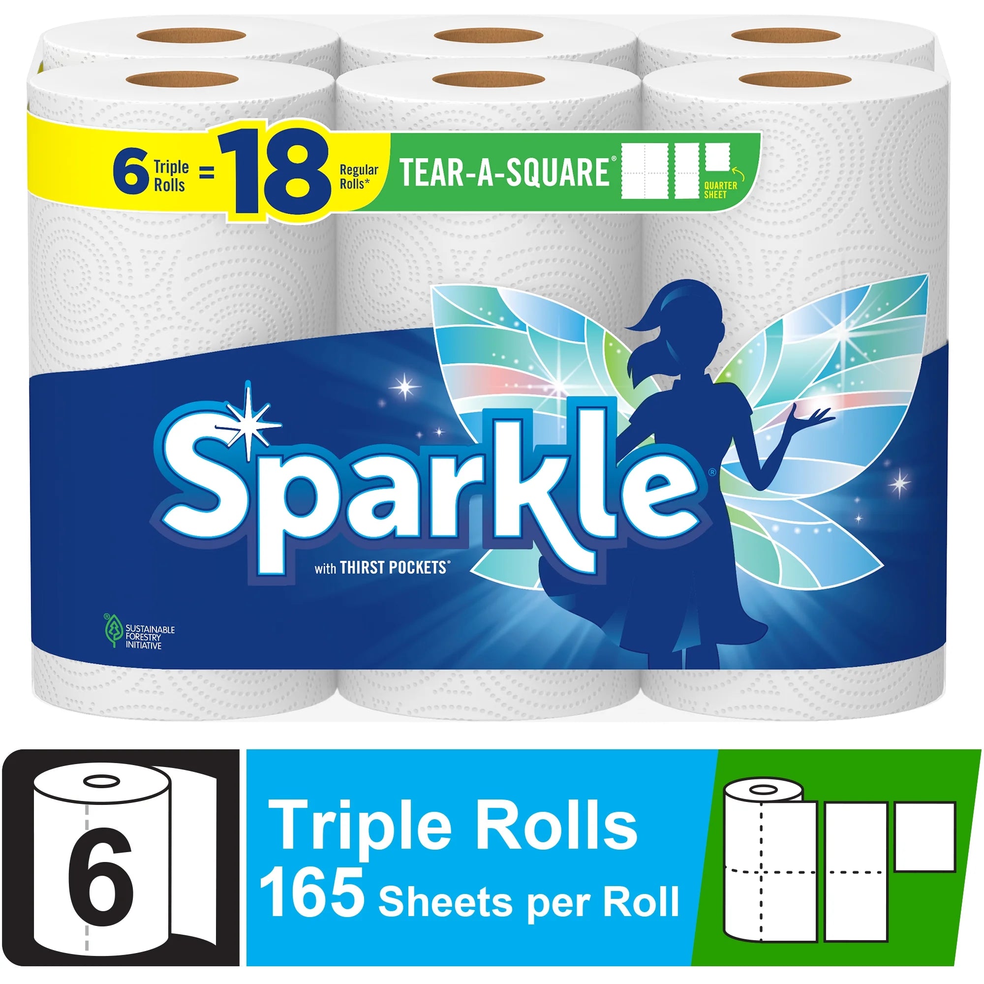 Sparkle Tear-A-Square Paper Towels, 6 Triple Rolls