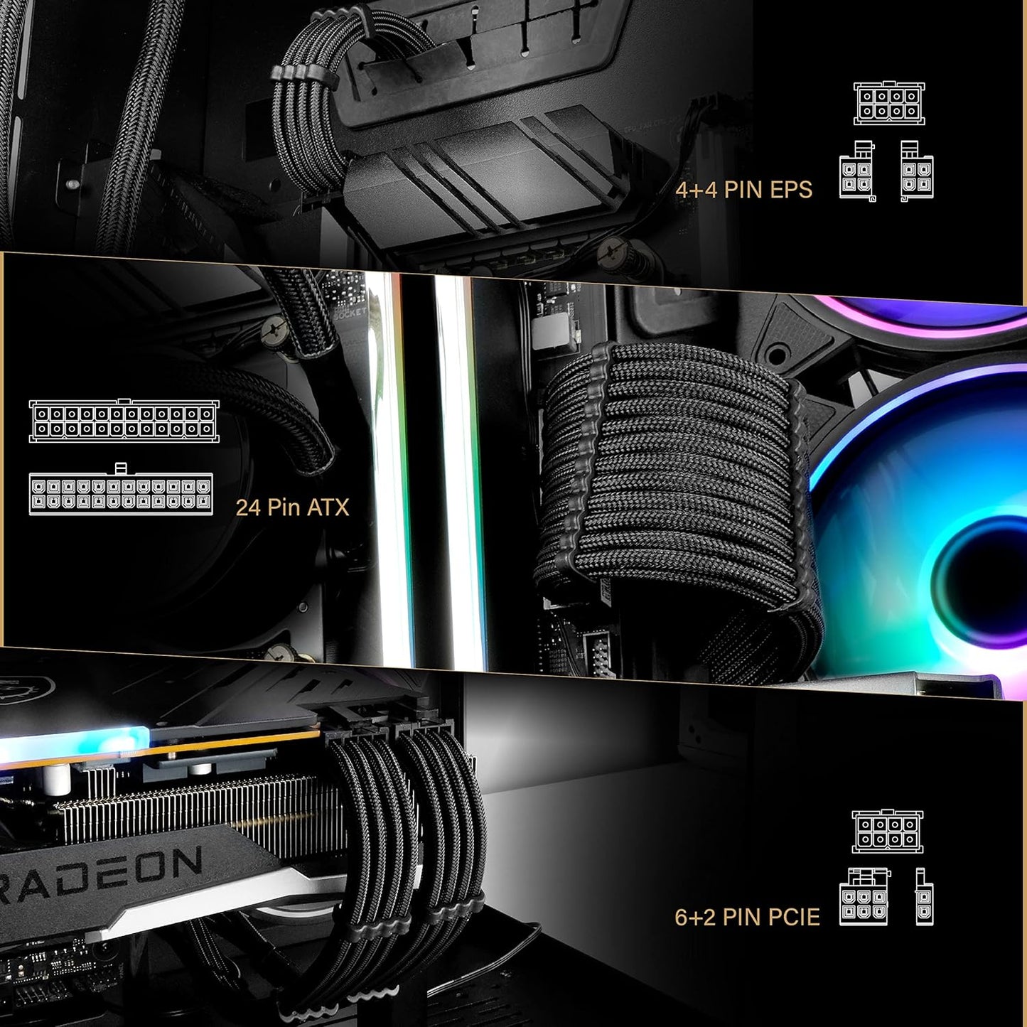 EZDIY-FAB PSU Cable Extension Sleeved Custom Mod GPU PC Power Supply Soft Nylon Braided with Comb Kit 24PIN/8PIN to 6+2Pin/ 8PIN to 4+4PIN-30CM 300MM - Black