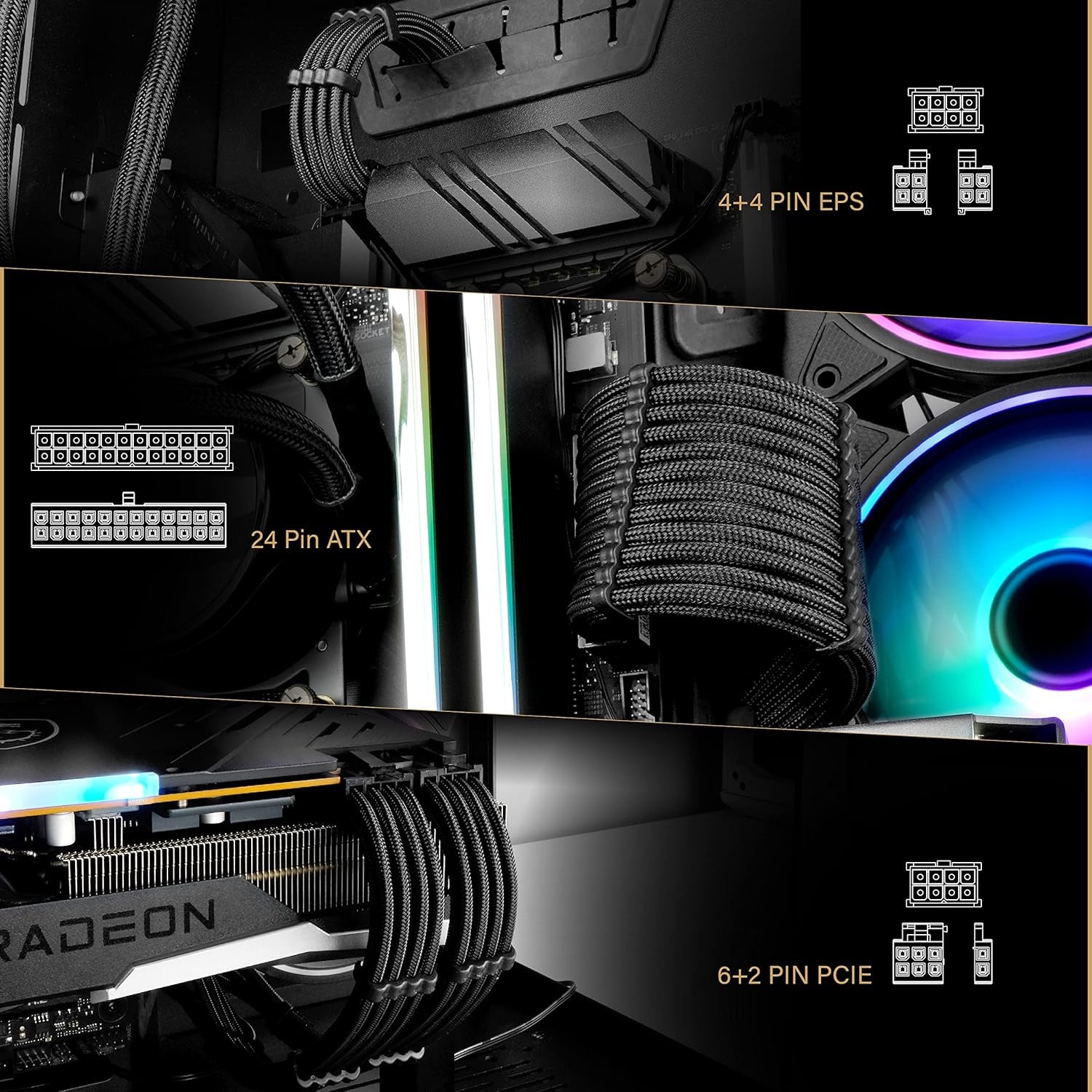 EZDIY-FAB PSU Cable Extension Sleeved Custom Mod GPU PC Power Supply Soft Nylon Braided with Comb Kit 24PIN/8PIN to 6+2Pin/ 8PIN to 4+4PIN-30CM 300MM - Black