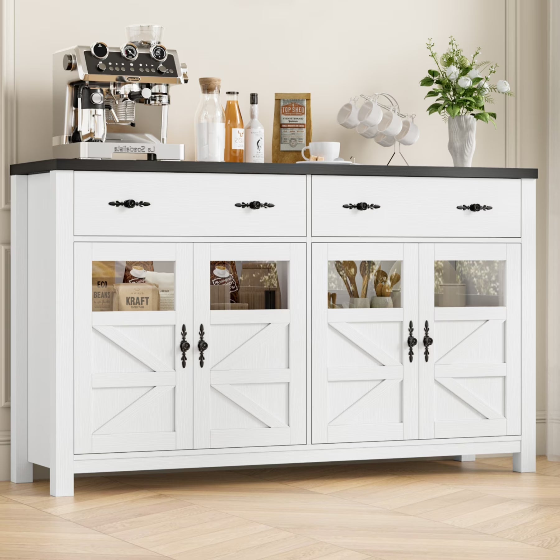 55.1" Farmhouse Kitchen Buffet Cabinet with Storage Drawer and Adjustable Shelf, Glass Door Wood Sideboard Credenza for Dining and Living Room, White and Black