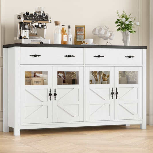 55.1" Farmhouse Kitchen Buffet Cabinet with Storage Drawer and Adjustable Shelf, Glass Door Wood Sideboard Credenza for Dining and Living Room, White and Black