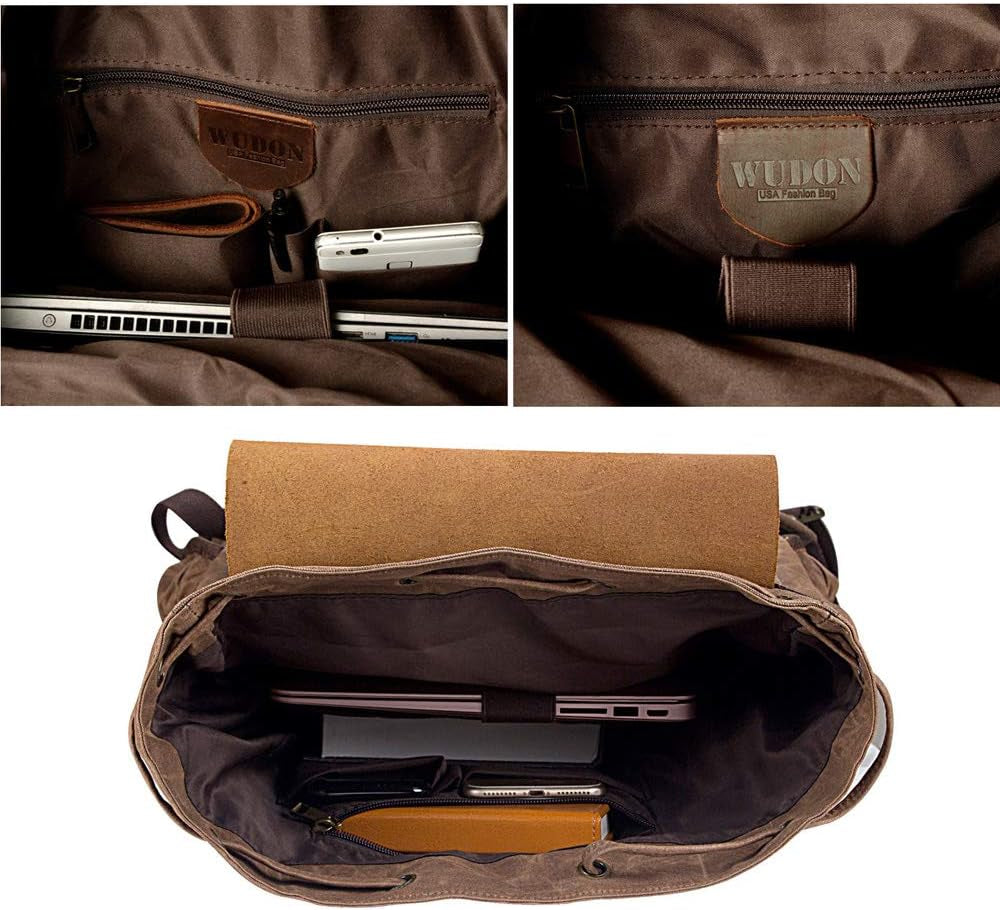 WUDON Leather Backpack for Men, Waxed Canvas Shoulder Rucksack Carry-On Travel Backpack