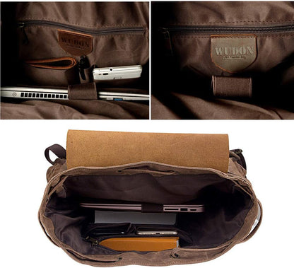 WUDON Leather Backpack for Men, Waxed Canvas Shoulder Rucksack Carry-On Travel Backpack