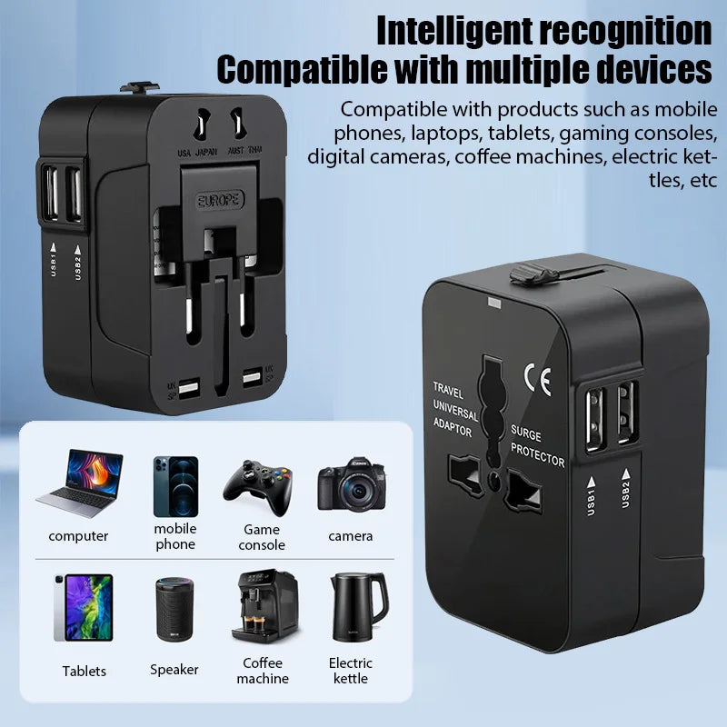Universal Travel Adapter with Dual USB Ports - EU, UK, US, AU AC Power Charger and Outlet Converter Socket Plug