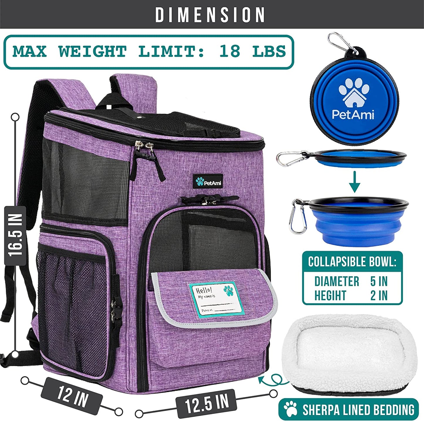 Petami Airline-Approved Dog and Cat Backpack Carrier, Soft-Sided and Ventilated for Travel, Hiking, and Camping, Supports Pets Up to 18 lbs, Purple