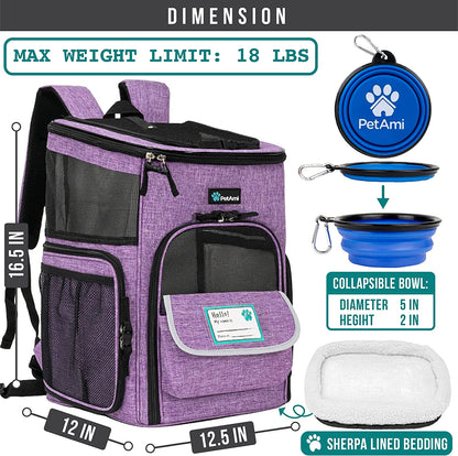 Petami Airline-Approved Dog and Cat Backpack Carrier, Soft-Sided and Ventilated for Travel, Hiking, and Camping, Supports Pets Up to 18 lbs, Purple