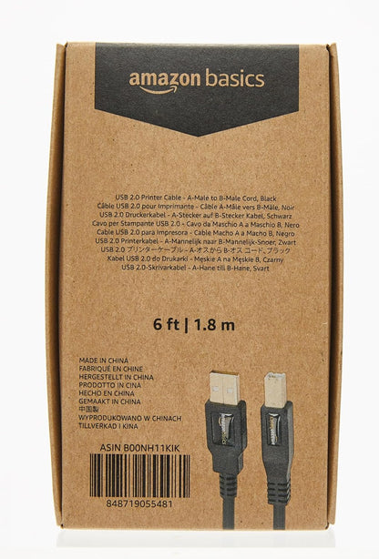 Amazon Basics USB-A to USB-B 2.0 Cable for Printer or External Hard Drive, Computer Compatible, Gold-Plated Connectors, Black, 6 Foot