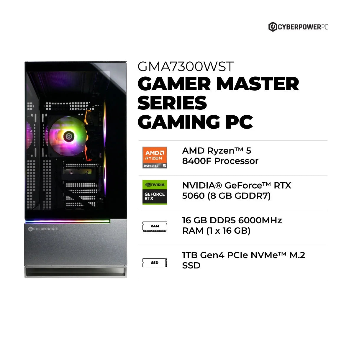 Gamer Master Gaming Desktop - AMD Ryzen 5 8400F, NVIDIA GeForce RTX 5060 8GB, 16GB DDR5 RAM, 1TB SSD, Black, Model GMA7300WST