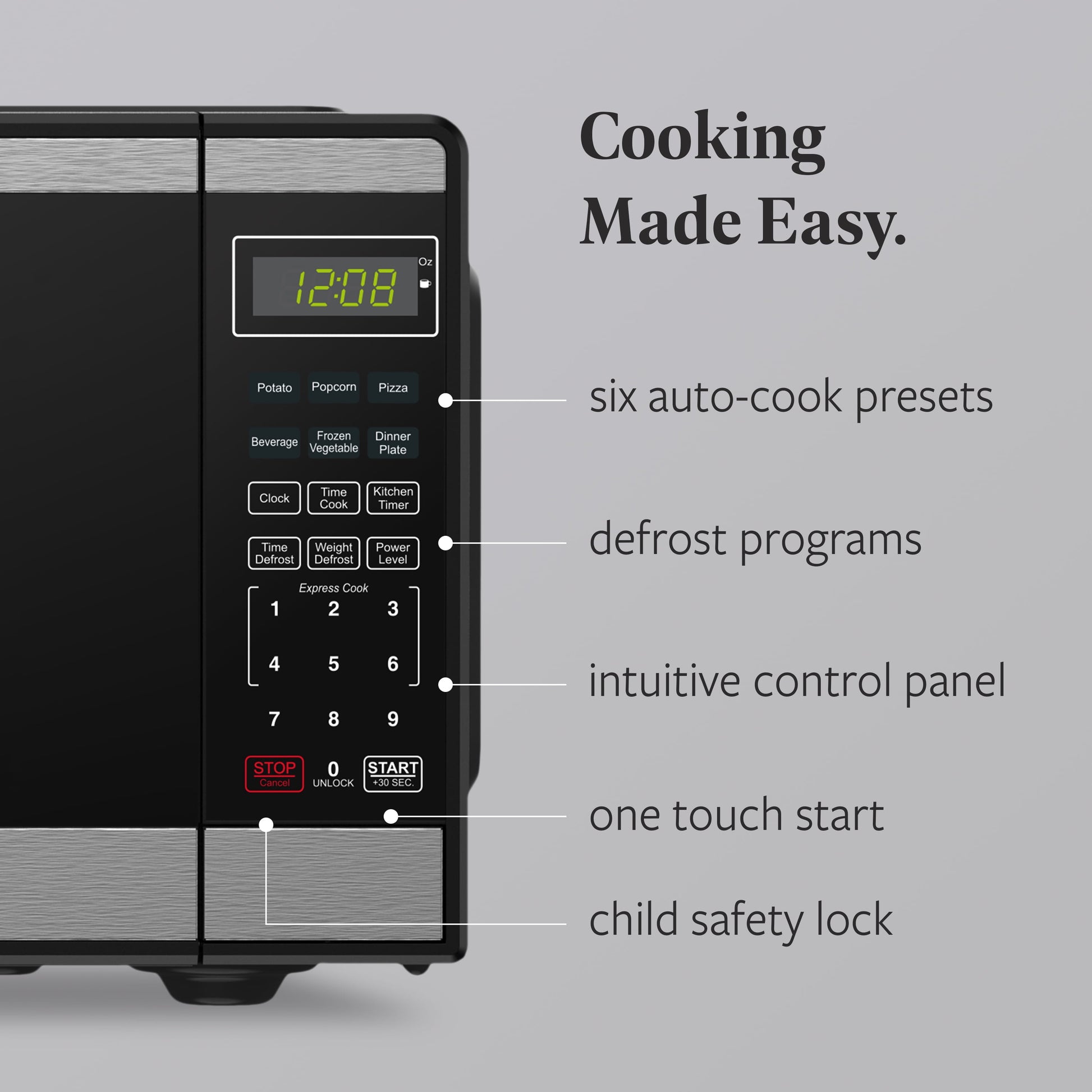 0.9 Cu. Ft. Black and Stainless Steel Countertop Microwave with 900W Power, Child Lock, Defrost, and Auto Cook Menu Options