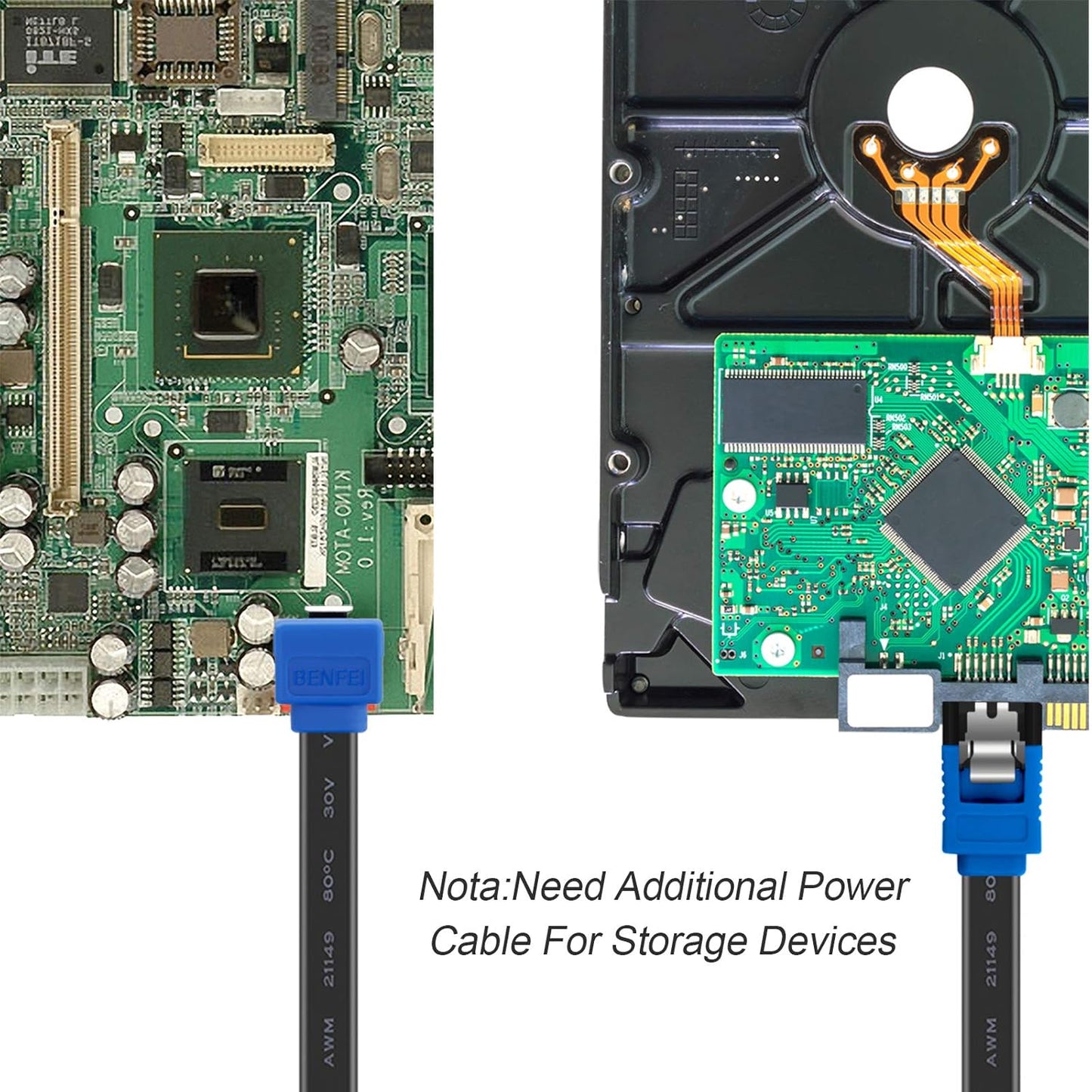 BENFEI 3-Pack SATA III Cable, 6Gbps 90-Degree Right Angle with Locking Latch, 18-Inch for SATA HDD, SSD, CD Drive, and CD Writer - Blue
