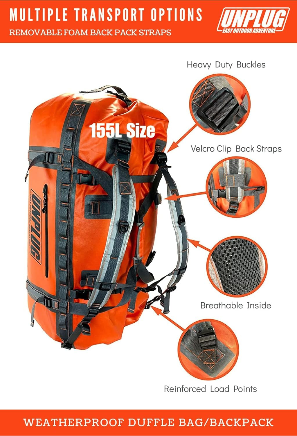 UNPLUG Ultimate Adventure Duffle Bag | 1680D Heavy-Duty Waterproof Design | Versatile Large Bag for Camping, Motorcycling, Boating, and Hunting