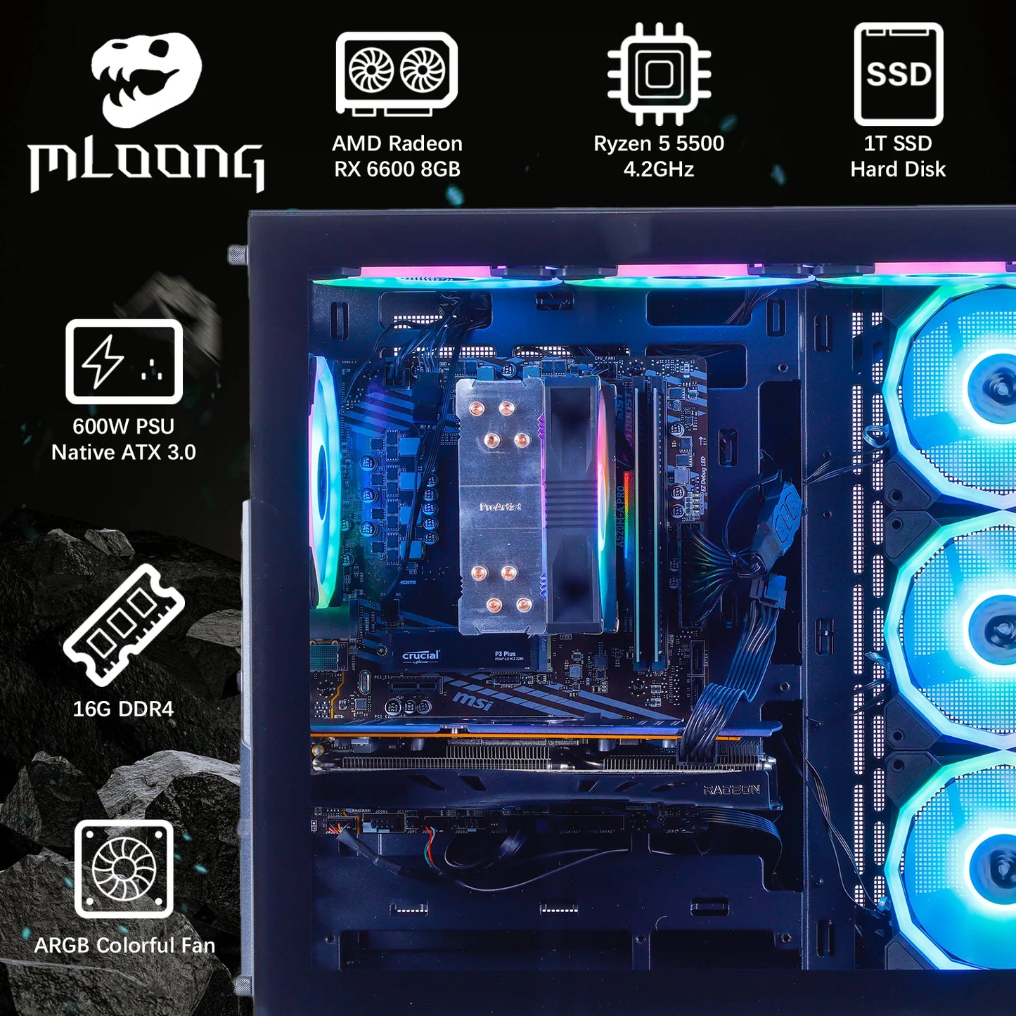 Gaming Desktop PC - AMD Ryzen 5 5500, Radeon RX 6600 8GB, 1TB SSD, 16GB RAM, 650W Power Supply, Windows 11, Wi-Fi, Black