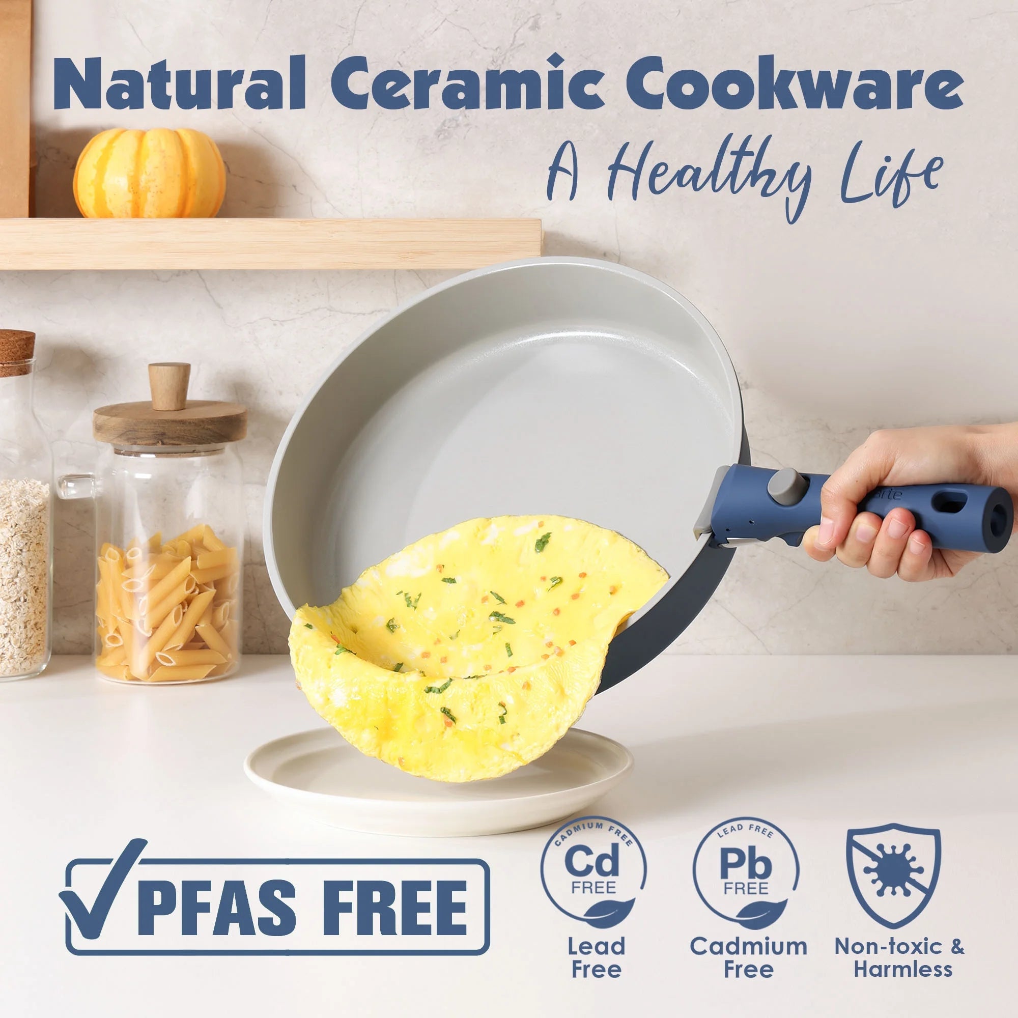 SENSARTE Ceramic Nonstick Pots and Pans Set with Detachable Handle, 18Pcs Induction Kitchen Cookware Sets Stackable, Dishwasher/Oven Safe(Navy Blue)