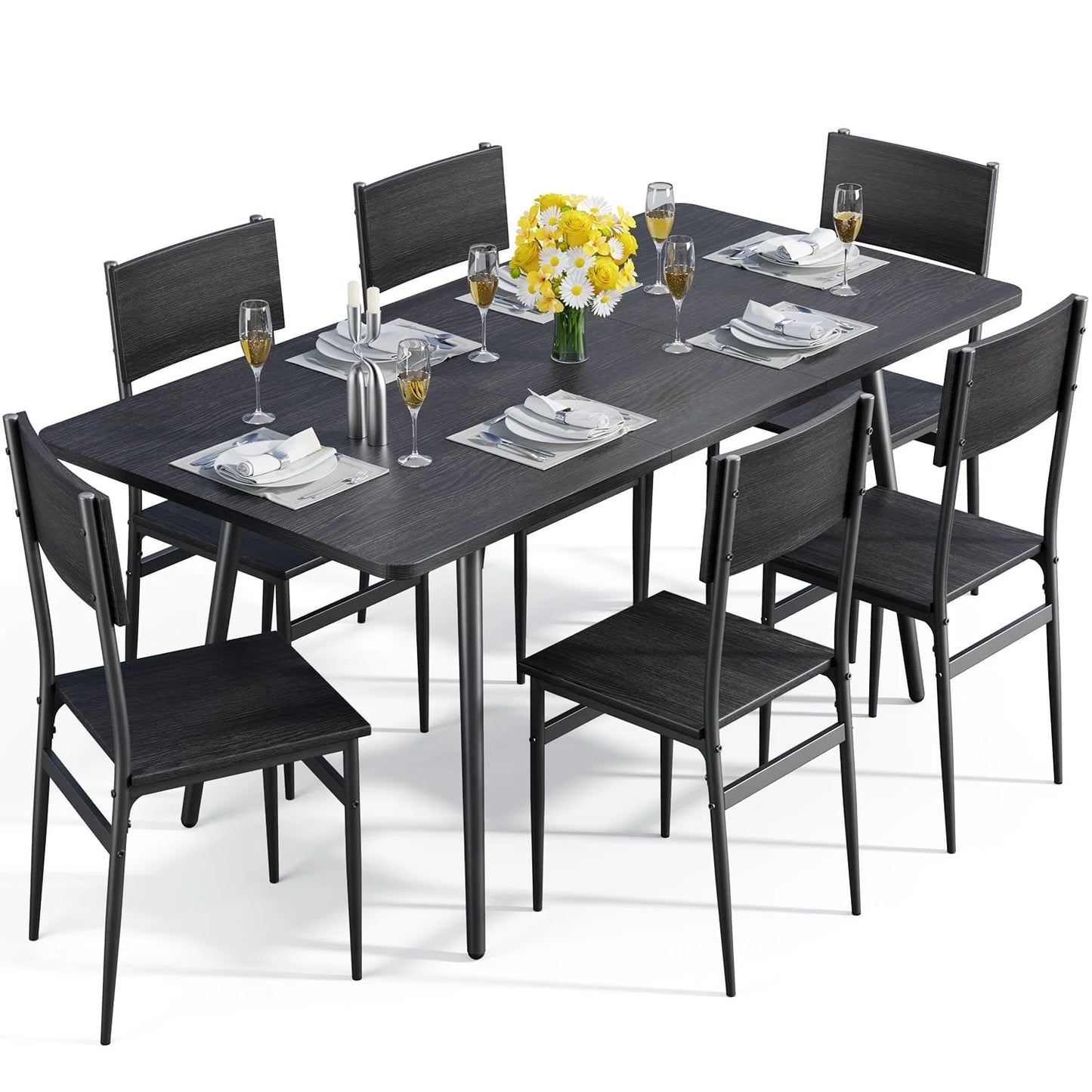 63-Inch Extendable Dining Table Set for 6 with High Back Wooden Chairs in Black