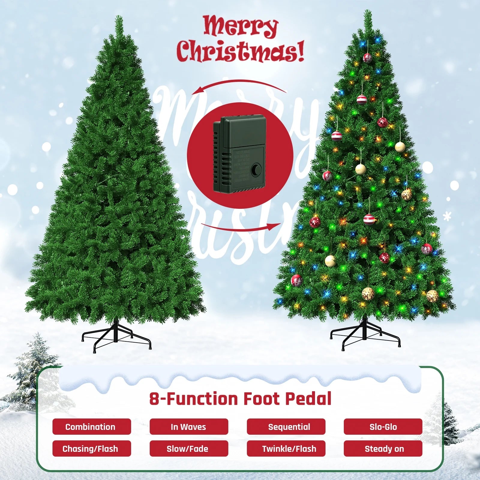 7.5-Foot Pre-Lit Artificial Christmas Tree with 18 Ornaments, Green Holiday Tree for Indoor and Outdoor Decoration