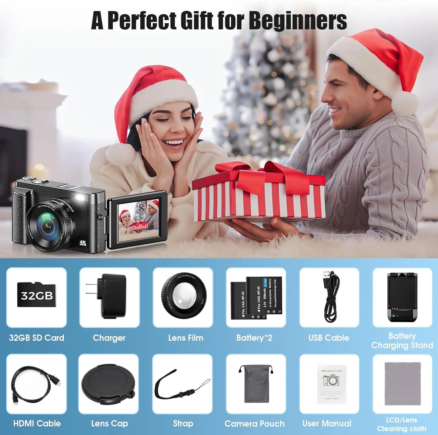 4K 48MP Digital Vlogging Camera with Autofocus and 16X Zoom, Includes 32GB SD Card for YouTube Content Creation