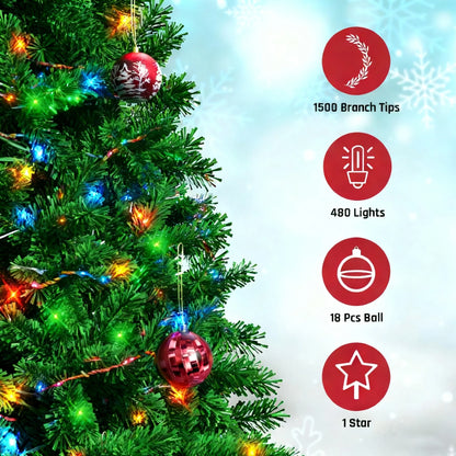 7.5-Foot Pre-Lit Artificial Christmas Tree with 18 Ornaments, Green Holiday Tree for Indoor and Outdoor Decoration