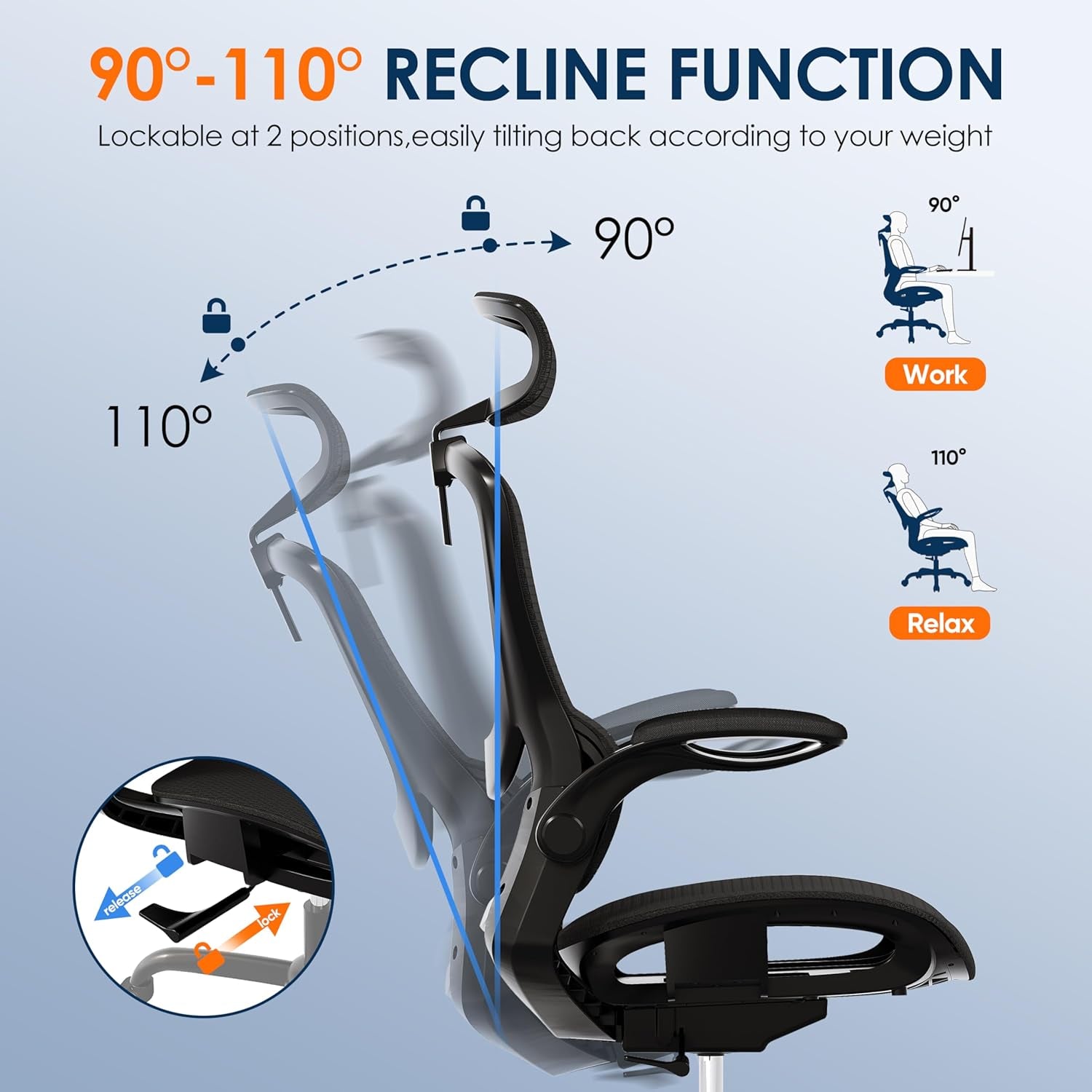 GABRYLLY Ergonomic Mesh Office Chair - Adjustable Home Desk Chair with Folding Armrests, 2D Headrest, Soft Seat, and PU Wheels, Black Swivel Task Chair for Office, Business, and Student Use (Model GY1108)