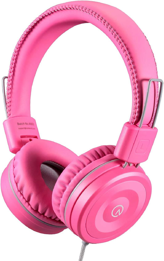 Noot Products Kids Headphones K22 Foldable Stereo Tangle-Free 5Ft Long Cord 3.5Mm Jack Plugin Wired On-Ear Headset for Ipad/Amazon Kindle Fire/Girls/School/Laptop/Travel/Plane/Tablet Flamingopink