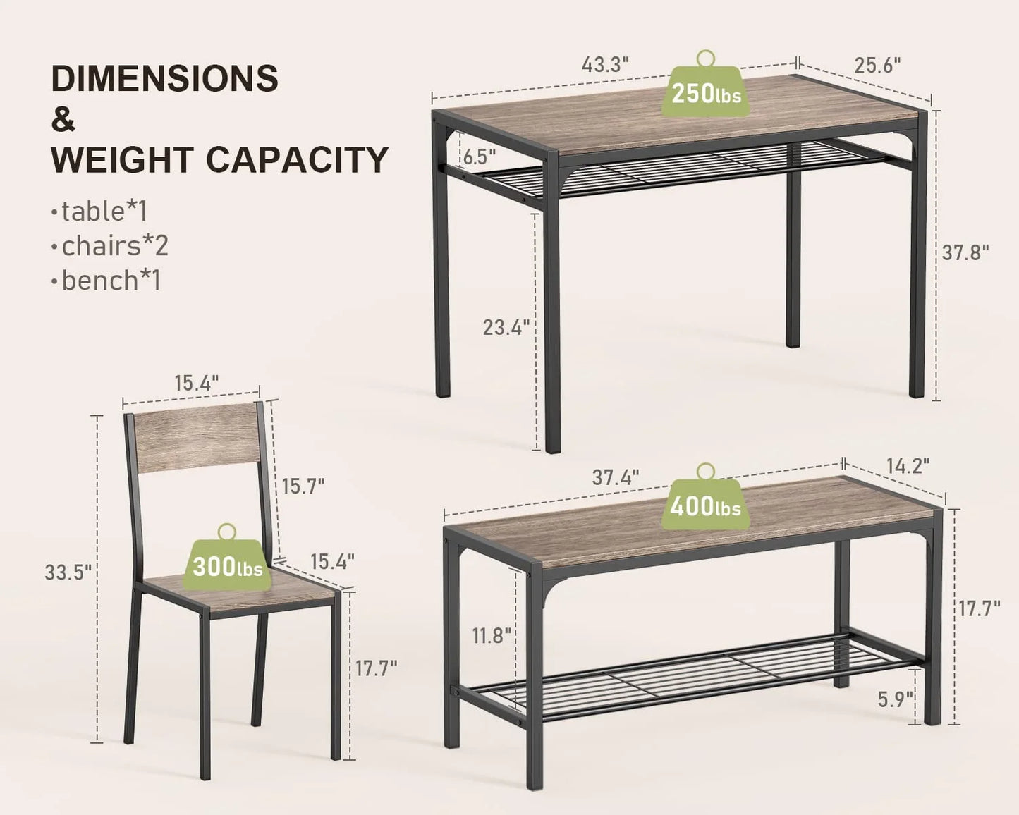 43" Dining Room Table and Chairs Set for Four, Ideal for Small Spaces and Breakfast Nooks, Gray
