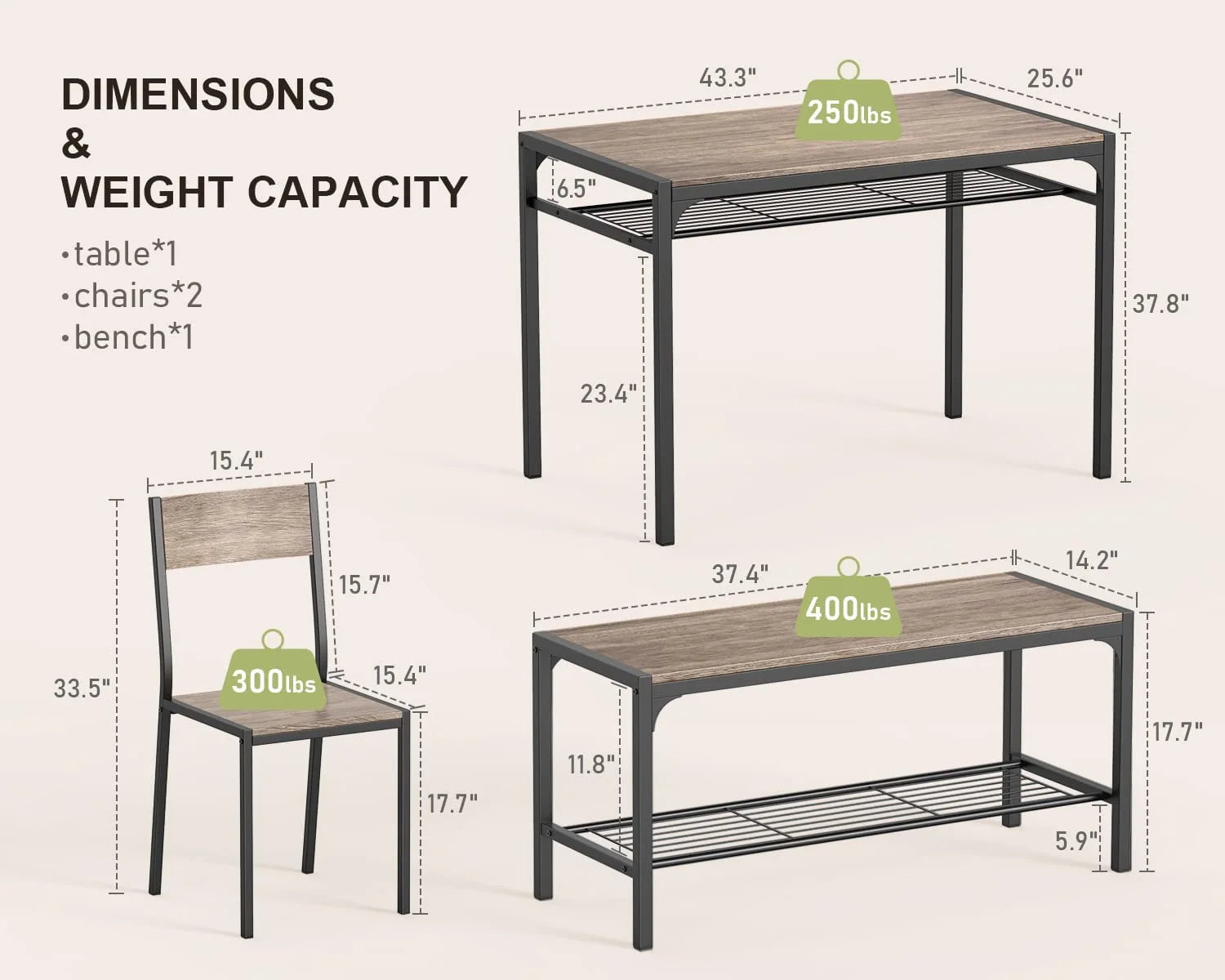 43" Dining Room Table and Chairs Set for Four, Ideal for Small Spaces and Breakfast Nooks, Gray
