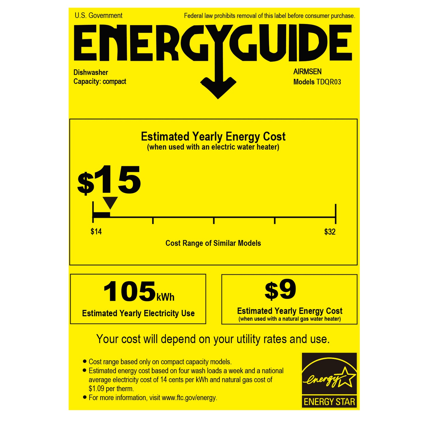 Compact Countertop Dishwasher with 5-Liter Integrated Water Tank and Air-Dry Function, 5 Washing Programs, Model AE-TDQR03