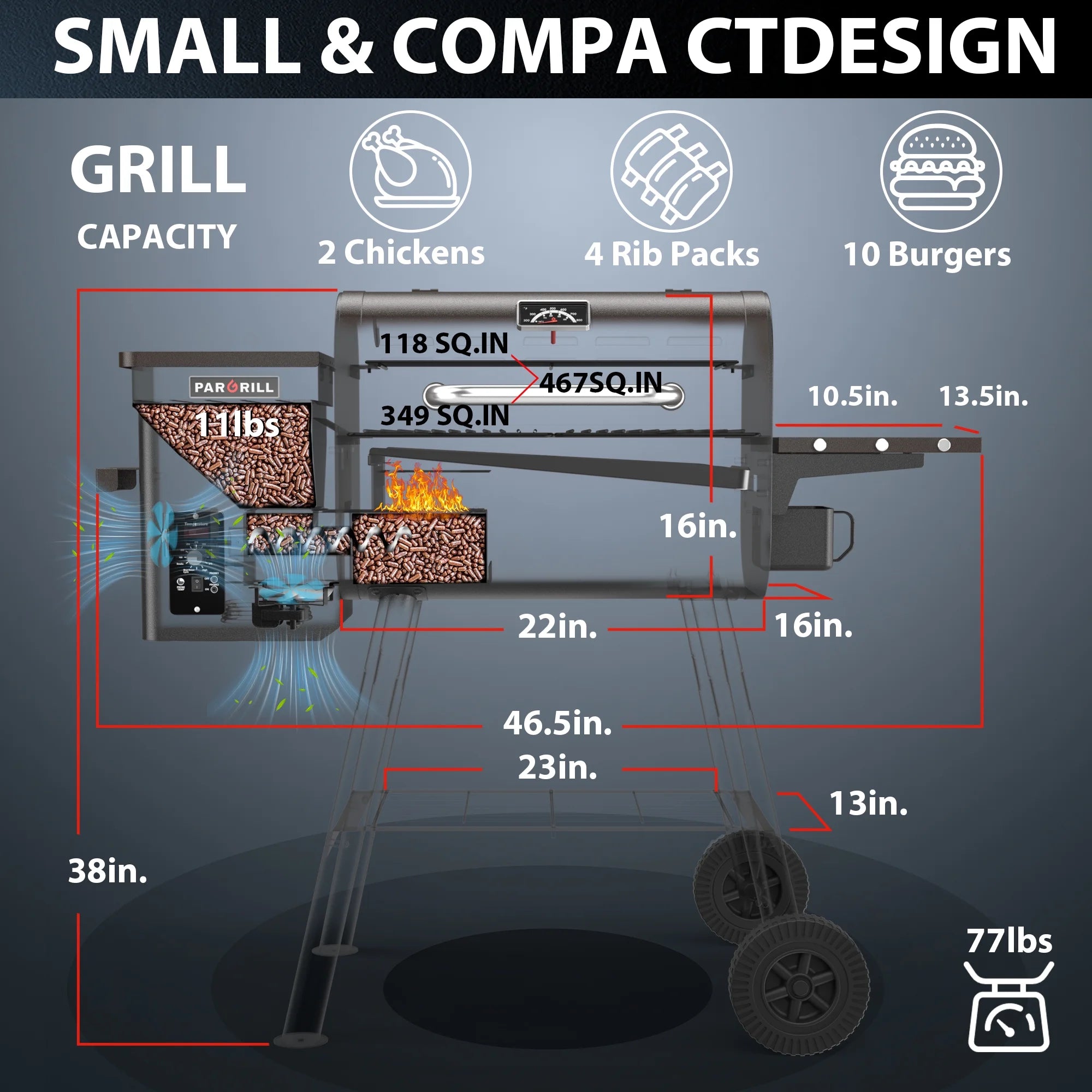 PARGRILL 467 Sq.In Wood Pellet Grill & Smoker, BBQ Grill with Auto Temperature Control, for Outdoor Cooking, Patio and Backyard, Bronze Black