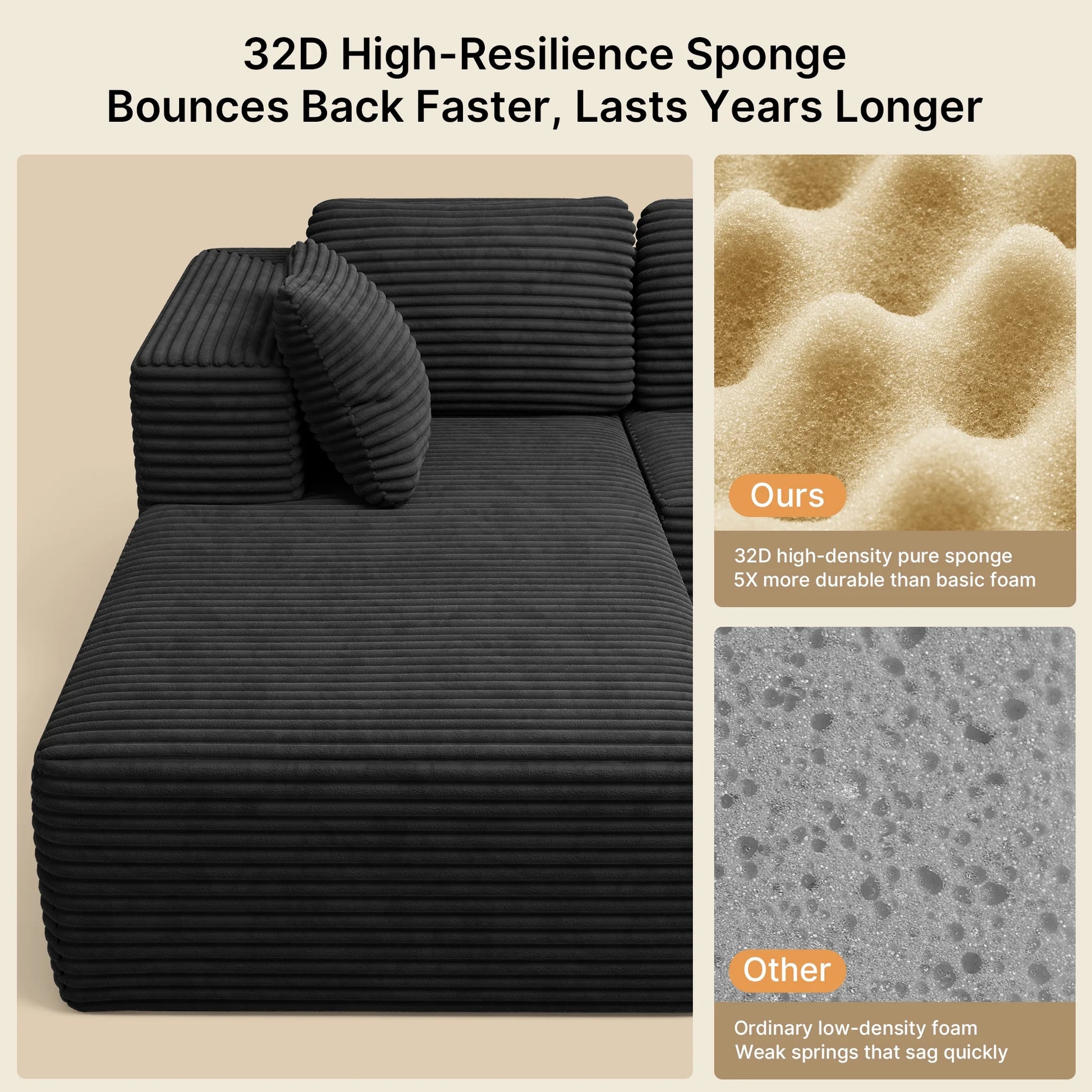 105" Cloud Sectional Sofa with L-Shape Chaise - Upholstered Couch for Living Room or Bedroom, No Assembly Required, Black