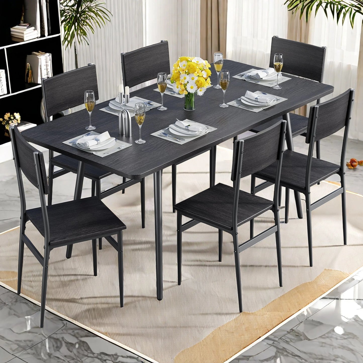 63-Inch Extendable Dining Table Set for 6 with High Back Wooden Chairs in Black