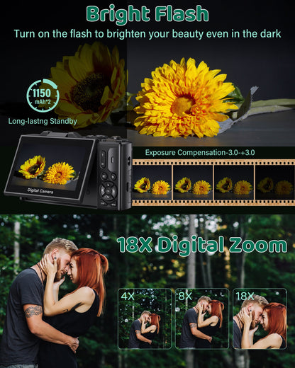 5K Digital Camera with 75MP Resolution, WiFi Connectivity, 18X Zoom, Autofocus, Flip Screen, and 32GB Memory Card for Vlogging and Photography