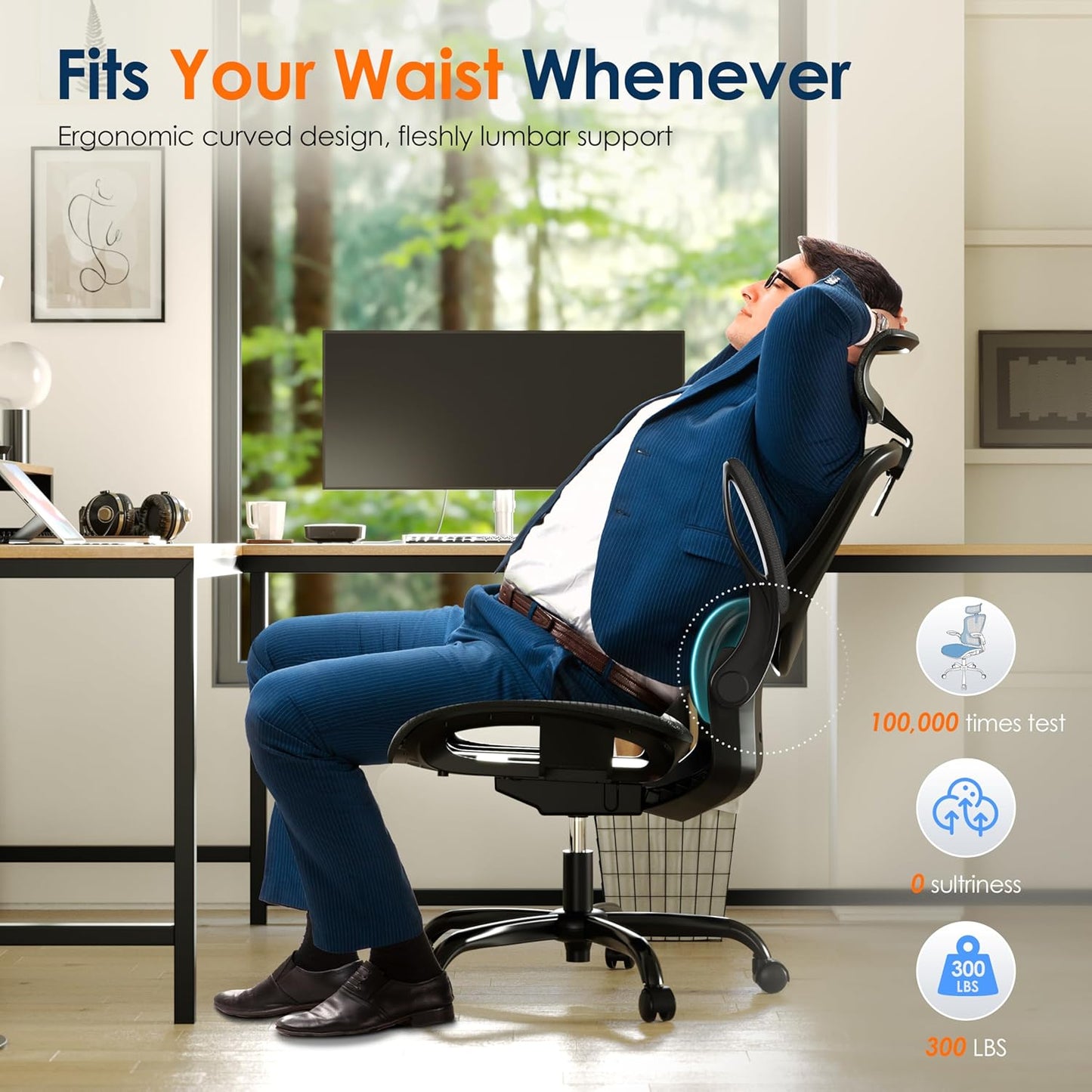 GABRYLLY Ergonomic Mesh Office Chair - Adjustable Home Desk Chair with Folding Armrests, 2D Headrest, Soft Seat, and PU Wheels, Black Swivel Task Chair for Office, Business, and Student Use (Model GY1108)