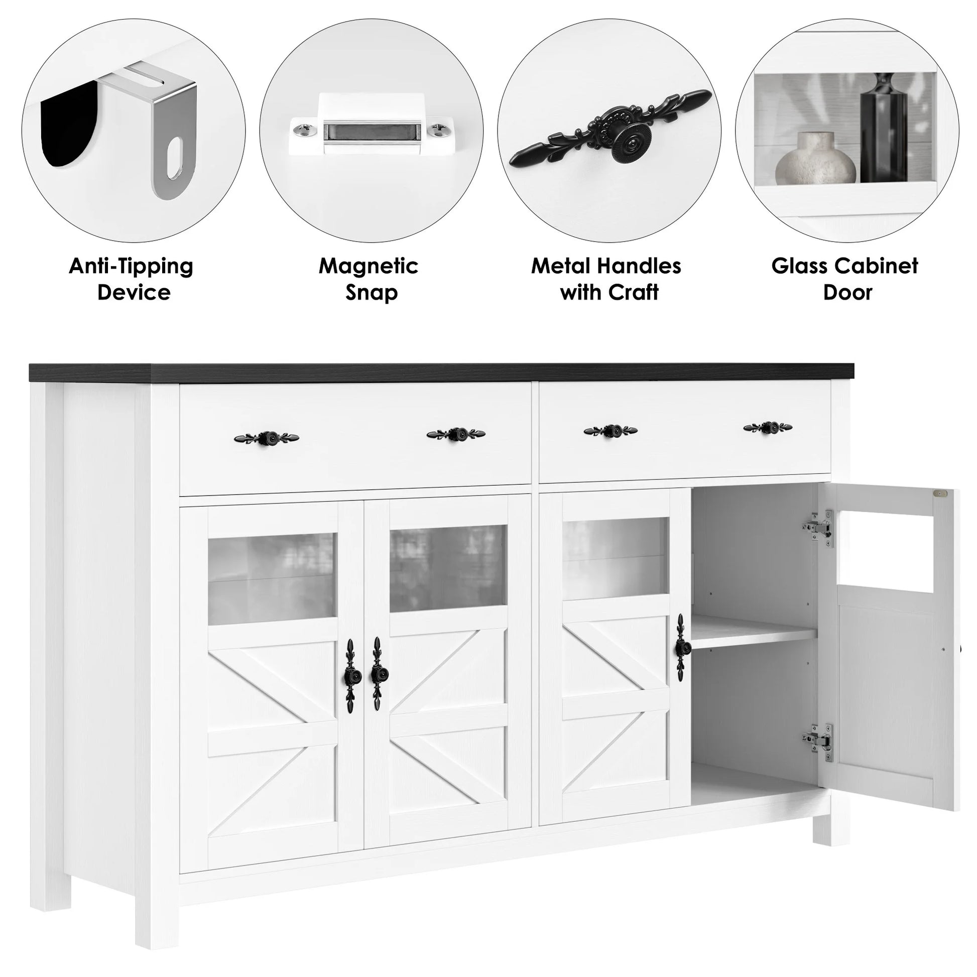 55.1" Farmhouse Kitchen Buffet Cabinet with Storage Drawer and Adjustable Shelf, Glass Door Wood Sideboard Credenza for Dining and Living Room, White and Black
